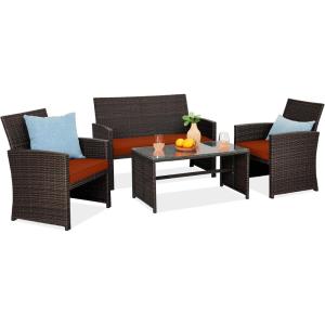 imageBest Choice Products 4Piece Outdoor Wicker Patio Conversation Furniture Set for Backyard wCoffee Table Seat Cushions  GrayLight MintBrownDark Rust