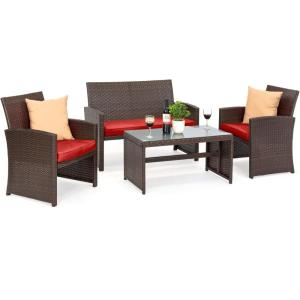 imageBest Choice Products 4Piece Outdoor Wicker Patio Conversation Furniture Set for Backyard wCoffee Table Seat Cushions  GrayLight MintBrownRed