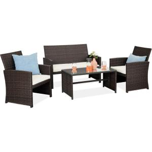 imageBest Choice Products 4Piece Outdoor Wicker Patio Conversation Furniture Set for Backyard wCoffee Table Seat Cushions  GrayLight MintBrownWhite Sand
