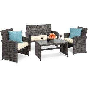 imageBest Choice Products 4Piece Outdoor Wicker Patio Conversation Furniture Set for Backyard wCoffee Table Seat Cushions  GrayLight MintGrayCream