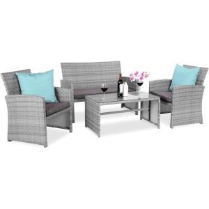imageBest Choice Products 4Piece Outdoor Wicker Patio Conversation Furniture Set for Backyard wCoffee Table Seat Cushions  GrayLight MintGrayGray