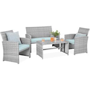 imageBest Choice Products 4Piece Outdoor Wicker Patio Conversation Furniture Set for Backyard wCoffee Table Seat Cushions  GrayLight MintGrayPastel Blue
