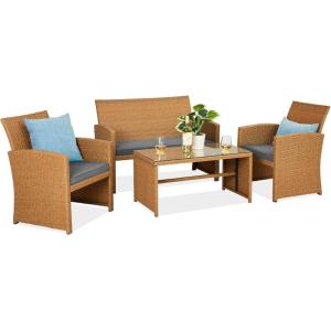 imageBest Choice Products 4Piece Outdoor Wicker Patio Conversation Furniture Set for Backyard wCoffee Table Seat Cushions  GrayLight MintNaturalGray