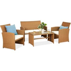 imageBest Choice Products 4Piece Outdoor Wicker Patio Conversation Furniture Set for Backyard wCoffee Table Seat Cushions  GrayLight MintNaturalIvory