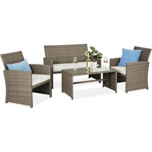 imageBest Choice Products 4Piece Outdoor Wicker Patio Conversation Furniture Set for Backyard wCoffee Table Seat Cushions  GrayLight MintTaupeWhite Sand