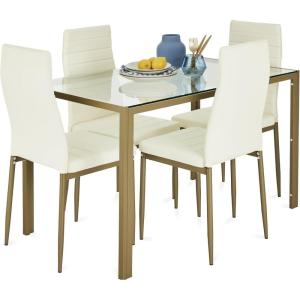 imageBest Choice Products 5Piece Glass Dining Set Modern Kitchen Table Furniture for Dining Room Dinette Compact SpaceSaving wGlass Tabletop 4 Upholstered PU Chairs Metal Steel Frame  BlackIvoryGold