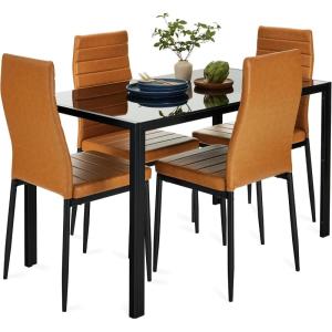 imageBest Choice Products 5Piece Glass Dining Set Modern Kitchen Table Furniture for Dining Room Dinette Compact SpaceSaving wGlass Tabletop 4 Upholstered PU Chairs Metal Steel Frame  BlackCamelBlack