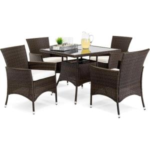 imageBest Choice Products 5Piece Indoor Outdoor Wicker Dining Set Furniture for Patio Backyard wSquare Glass Tabletop Umbrella Cutout 4 Chairs  NavyCream