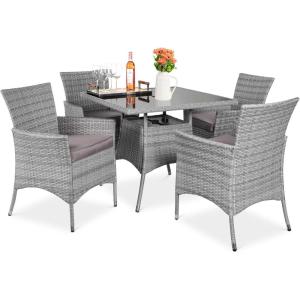 imageBest Choice Products 5Piece Indoor Outdoor Wicker Dining Set Furniture for Patio Backyard wSquare Glass Tabletop Umbrella Cutout 4 Chairs  NavyGrey