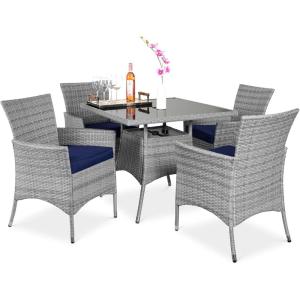 imageBest Choice Products 5Piece Indoor Outdoor Wicker Dining Set Furniture for Patio Backyard wSquare Glass Tabletop Umbrella Cutout 4 Chairs  NavyNavy