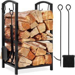 imageBest Choice Products 5Piece Indoor Outdoor Wrought Iron Firewood Log Storage Rack Holder Firepit Tools Set for Fireplace Fire Pit Stove wHook Broom Shovel Tongs  CopperBlack