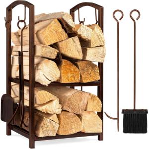 imageBest Choice Products 5Piece Indoor Outdoor Wrought Iron Firewood Log Storage Rack Holder Firepit Tools Set for Fireplace Fire Pit Stove wHook Broom Shovel Tongs  CopperCopper