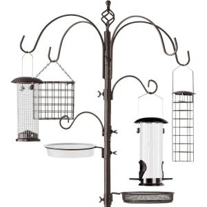 imageBest Choice Products 6Hook Bird Feeding Station Steel MultiFeeder Kit Stand for Attracting Wild Birds w 4 Bird Feeders Mesh Tray Bird Bath 5Prong Base  Bronze