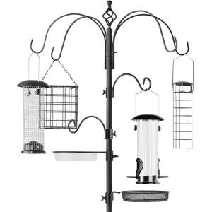 imageBest Choice Products 6Hook Bird Feeding Station Steel MultiFeeder Kit Stand for Attracting Wild Birds w 4 Bird Feeders Mesh Tray Bird Bath 5Prong Base  Black