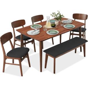 imageBest Choice Products 6Piece Wooden Dining Set MidCentury Modern Table ampamp Upholstered Chair Set wBench Seat Rubberwood Legs  WalnutCharcoalWalnutCharcoal