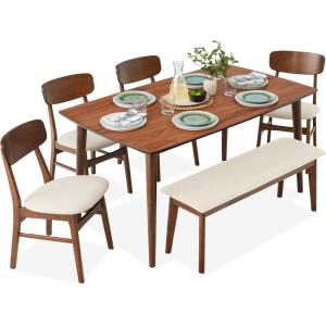 imageBest Choice Products 6Piece Wooden Dining Set MidCentury Modern Table ampamp Upholstered Chair Set wBench Seat Rubberwood Legs  WalnutCharcoalWalnutCream