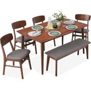 imageBest Choice Products 6Piece Wooden Dining Set MidCentury Modern Table ampamp Upholstered Chair Set wBench Seat Rubberwood Legs  WalnutCharcoalWalnutGray