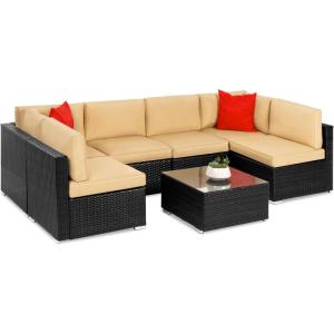 imageBest Choice Products 7Piece Modular Outdoor Sectional Wicker Patio Conversation Set w 2 Pillows Coffee Table Cover Included  GrayCreamBlackTan