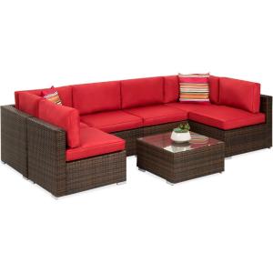 imageBest Choice Products 7Piece Modular Outdoor Sectional Wicker Patio Conversation Set w 2 Pillows Coffee Table Cover Included  GrayCreamBrownRed