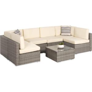 imageBest Choice Products 7Piece Modular Outdoor Sectional Wicker Patio Conversation Set w 2 Pillows Coffee Table Cover Included  GrayCreamGrayCream
