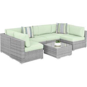 imageBest Choice Products 7Piece Modular Outdoor Sectional Wicker Patio Conversation Set w 2 Pillows Coffee Table Cover Included  GrayCreamGrayLight Mint
