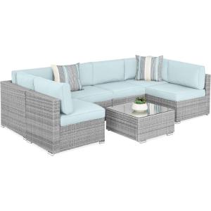 imageBest Choice Products 7Piece Modular Outdoor Sectional Wicker Patio Conversation Set w 2 Pillows Coffee Table Cover Included  GrayCreamGrayPastel Blue