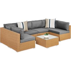 imageBest Choice Products 7Piece Modular Outdoor Sectional Wicker Patio Conversation Set w 2 Pillows Coffee Table Cover Included  GrayCreamNaturalCement Gray