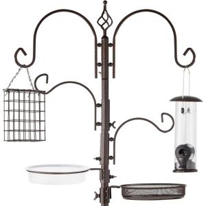 imageBest Choice Products 91in 4Hook Feeding Station Steel MultiFeeder Kit Stand for Attracting Wild Birds w 2 Bird Feeders Mesh Tray Bird Bath 4Prong Base  BronzeBronze