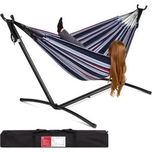 imageBest Choice Products Double Hammock with Steel Stand Indoor Outdoor BrazilianStyle Cotton Bed wCarrying Bag 2Person Capacity  OceanAbyss