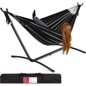 imageBest Choice Products Double Hammock with Steel Stand Indoor Outdoor BrazilianStyle Cotton Bed wCarrying Bag 2Person Capacity  OceanOnyx
