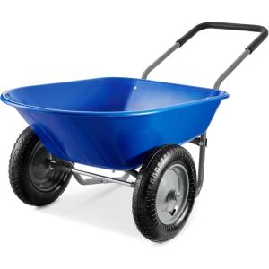 imageBest Choice Products DualWheel Home Utility Yard Wheelbarrow Garden Cart wBuiltin Stand for Lawn Gardening Construction  BlueBlue