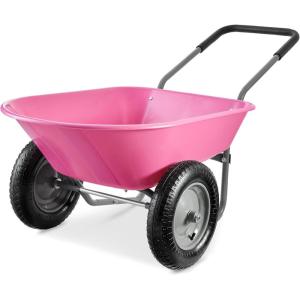 imageBest Choice Products DualWheel Home Utility Yard Wheelbarrow Garden Cart wBuiltin Stand for Lawn Gardening Construction  BluePink