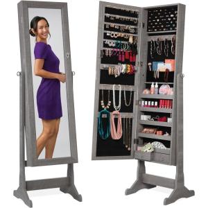 imageBest Choice Products Freestanding Jewelry Armoire Cabinet Full Length Standing Mirror Lockable Makeup Storage Organizer wVelvet Lining 3 Angles Lock Accessory Pouch 5 Shelves  Rustic BrownGray Oak