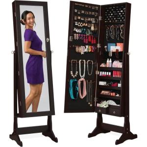 imageBest Choice Products Freestanding Jewelry Armoire Cabinet Full Length Standing Mirror Lockable Makeup Storage Organizer wVelvet Lining 3 Angles Lock Accessory Pouch 5 Shelves  Rustic BrownEspresso