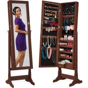 imageBest Choice Products Freestanding Jewelry Armoire Cabinet Full Length Standing Mirror Lockable Makeup Storage Organizer wVelvet Lining 3 Angles Lock Accessory Pouch 5 Shelves  Rustic BrownWalnut