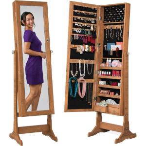 imageBest Choice Products Freestanding Jewelry Armoire Cabinet Full Length Standing Mirror Lockable Makeup Storage Organizer wVelvet Lining 3 Angles Lock Accessory Pouch 5 Shelves  Rustic BrownRustic Brown