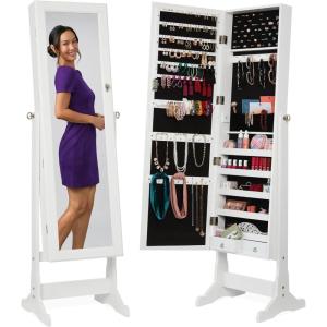 imageBest Choice Products Freestanding Jewelry Armoire Cabinet Full Length Standing Mirror Lockable Makeup Storage Organizer wVelvet Lining 3 Angles Lock Accessory Pouch 5 Shelves  Rustic BrownWhite