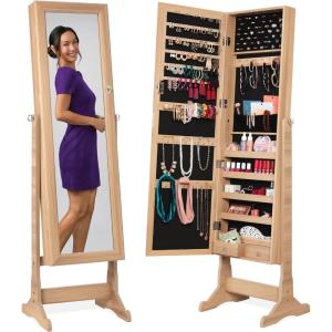 imageBest Choice Products Freestanding Jewelry Armoire Cabinet Full Length Standing Mirror Lockable Makeup Storage Organizer wVelvet Lining 3 Angles Lock Accessory Pouch 5 Shelves  Rustic BrownNatural Oak