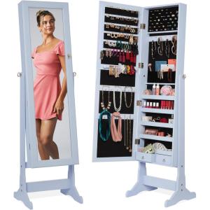 imageBest Choice Products Freestanding Jewelry Armoire Cabinet Full Length Standing Mirror Lockable Makeup Storage Organizer wVelvet Lining 3 Angles Lock Accessory Pouch 5 Shelves  Rustic BrownPowder Blue