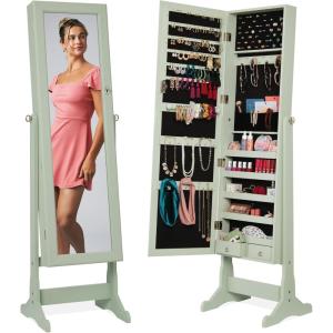 imageBest Choice Products Freestanding Jewelry Armoire Cabinet Full Length Standing Mirror Lockable Makeup Storage Organizer wVelvet Lining 3 Angles Lock Accessory Pouch 5 Shelves  Rustic BrownSage
