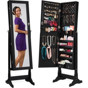 imageBest Choice Products Freestanding Jewelry Armoire Cabinet Full Length Standing Mirror Lockable Makeup Storage Organizer wVelvet Lining 3 Angles Lock Accessory Pouch 5 Shelves  Rustic BrownBlack