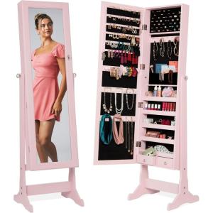imageBest Choice Products Freestanding Jewelry Armoire Cabinet Full Length Standing Mirror Lockable Makeup Storage Organizer wVelvet Lining 3 Angles Lock Accessory Pouch 5 Shelves  Rustic BrownDusty Pink
