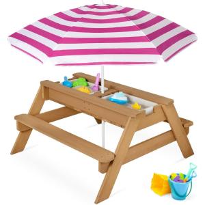 imageBest Choice Products Kids 3in1 Sand ampamp Water Table Wood Outdoor Convertible Picnic Table wUmbrella 2 Trays Removable Top 220lb Capacity Per Bench GreenNaturalDark Pink