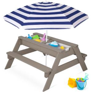 imageBest Choice Products Kids 3in1 Sand ampamp Water Table Wood Outdoor Convertible Picnic Table wUmbrella 2 Trays Removable Top 220lb Capacity Per Bench GreenGrayNavy