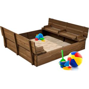 imageBest Choice Products Kids Outdoor Wooden Sandbox Large Cedar Wood with Foldable Bench Seats and Sand Protection Bottom Liner Included  BrownWalnut