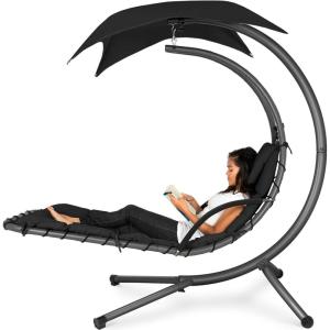 imageBest Choice Products Outdoor Hanging Curved Steel Chaise Lounge Chair Swing wBuiltin Pillow and Removable Canopy  TealBlack
