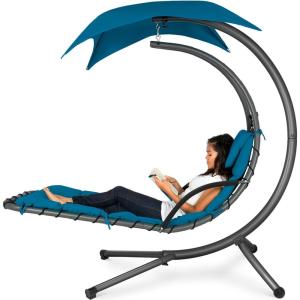 imageBest Choice Products Outdoor Hanging Curved Steel Chaise Lounge Chair Swing wBuiltin Pillow and Removable Canopy  TealPeacock Blue