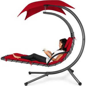 imageBest Choice Products Outdoor Hanging Curved Steel Chaise Lounge Chair Swing wBuiltin Pillow and Removable Canopy  TealRed