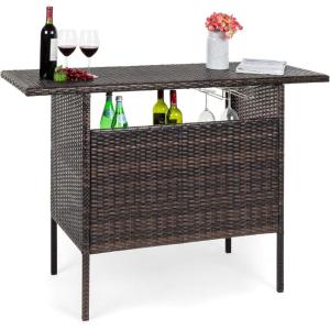 imageBest Choice Products Outdoor Patio Wicker Bar Counter Table Backyard Furniture w 2 Steel Shelves and 2 Sets of Rails  GrayBrown