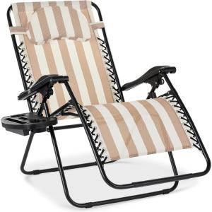 imageBest Choice Products Oversized Zero Gravity Chair Folding Outdoor Patio Lounge Recliner wCup Holder Accessory Tray Pillow  Amethyst PurpleTan Striped